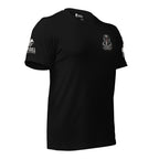 A black short-sleeve t-shirt with a gray cobra logo with INFIDEL on the left chest and a white American flag graphic on the left sleeve, with the brand logo on the left sleeve INFIDEL COLLECTIVE, shown on a plain white background.