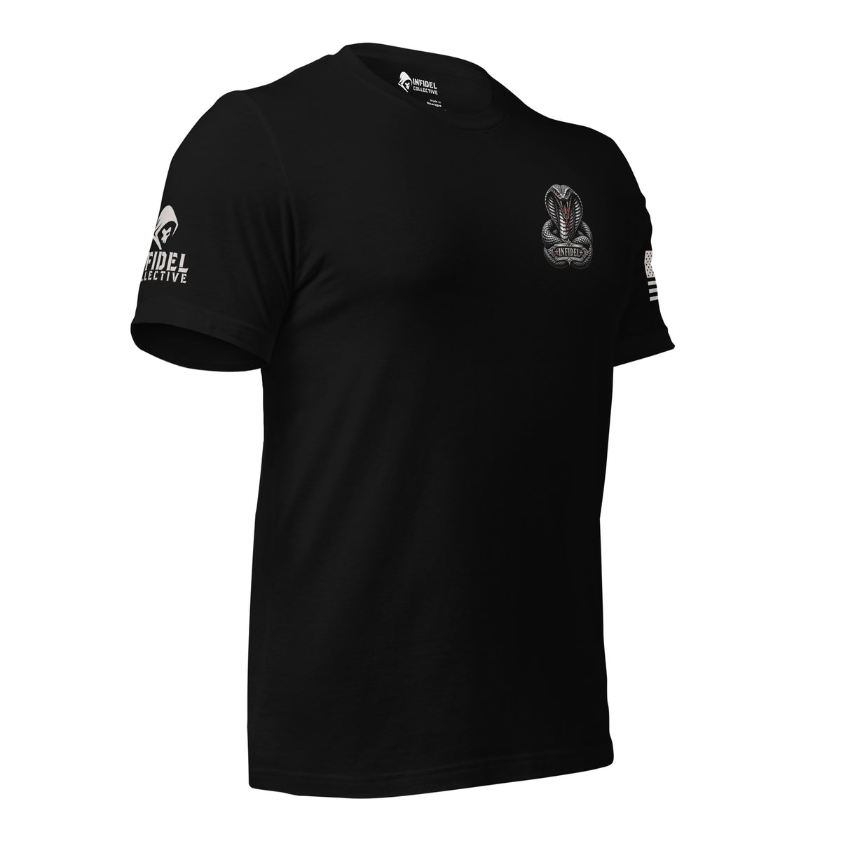 A black short-sleeve t-shirt with a gray cobra logo with INFIDEL on the left chest and a white American flag graphic on the left sleeve, with the brand logo on the left sleeve INFIDEL COLLECTIVE, shown on a plain white background.