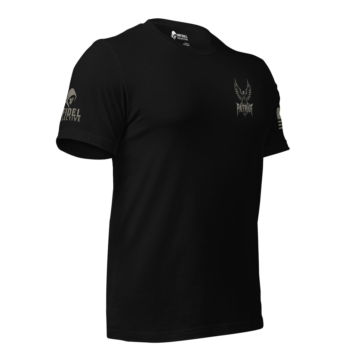 Right-front view of black Patriot Eagle Shield back print tee