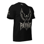 A black short-sleeve graphic T-shirt front right view, featuring a large distressed eagle with spread wings and the word "PATRIOT" in bold lettering below. USA American flag on the left sleeve and brand logo 'INFIDEL COLLECTIVE' on the right sleeve. The shirt is shown against a white background.