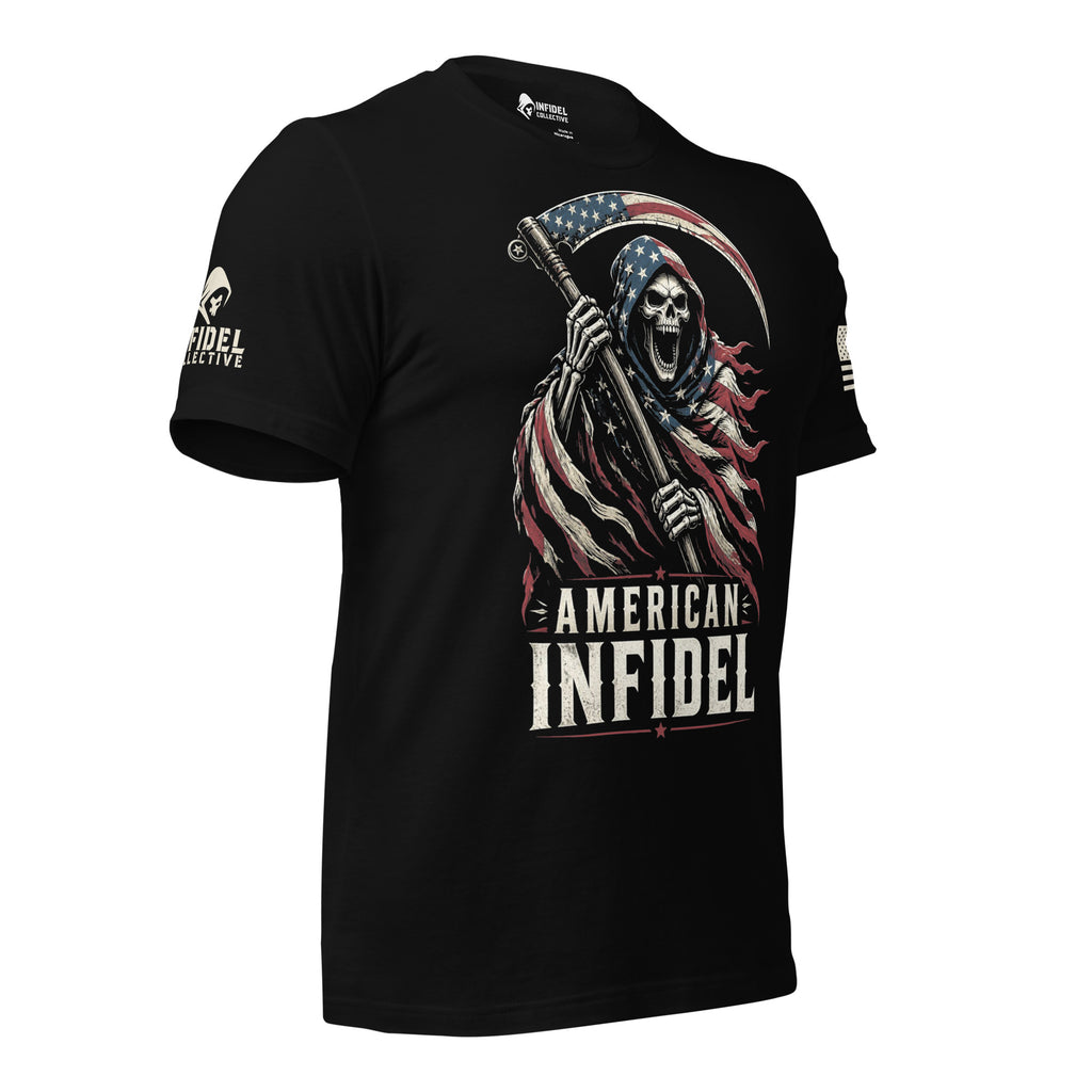 A black short-sleeve graphic t-shirt featuring a grim reaper holding a scythe with an American flag pattern, and the text 'AMERICAN INFIDEL' printed below. The shirt also has a white skull logo on the right sleeve and a small white graphic on the left sleeve.