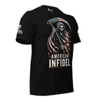 A black short-sleeve graphic t-shirt featuring a grim reaper holding a scythe with an American flag pattern, and the text 'AMERICAN INFIDEL' printed below. The shirt also has a white skull logo on the right sleeve and a small white graphic on the left sleeve.