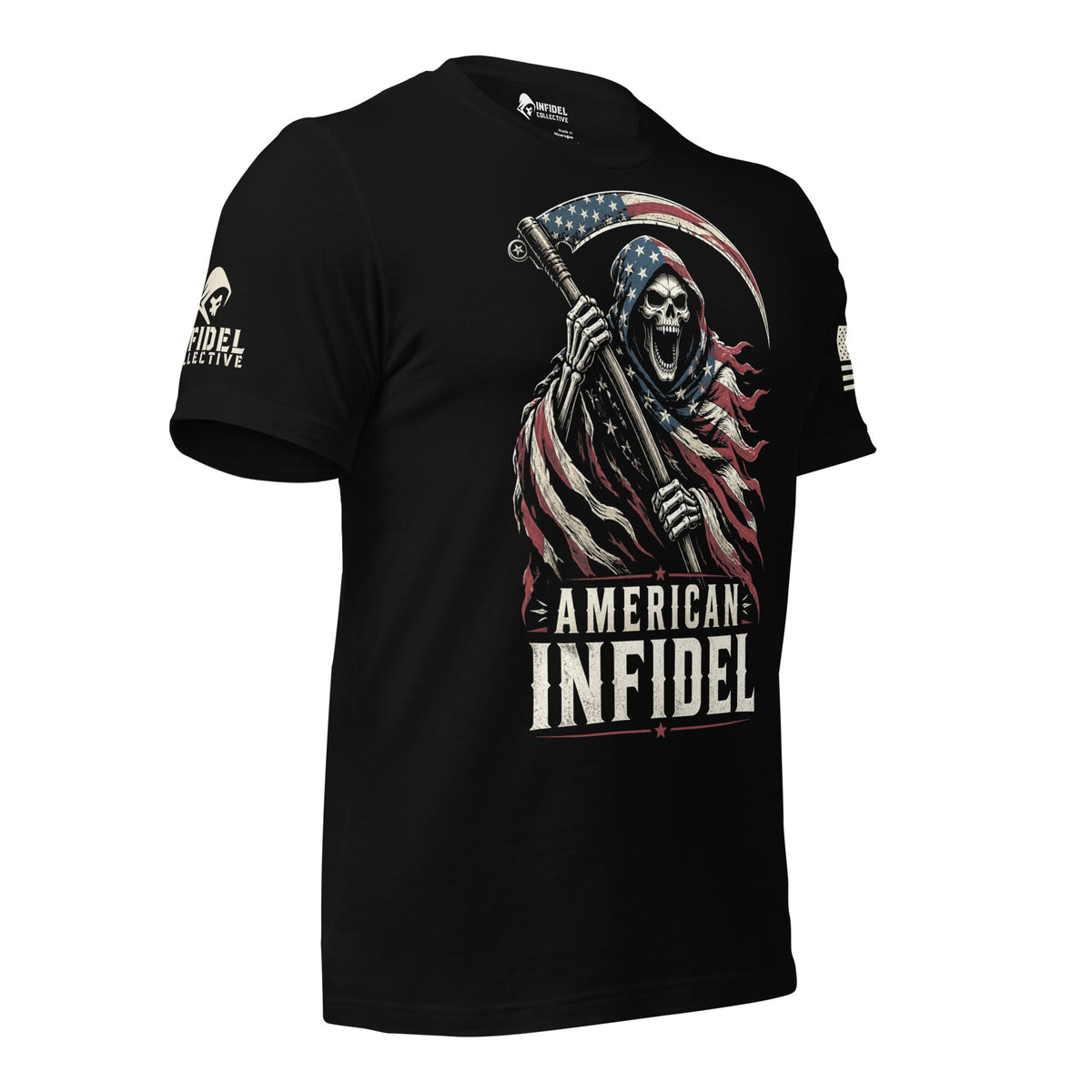 A black short-sleeve graphic t-shirt featuring a grim reaper holding a scythe with an American flag pattern, and the text 'AMERICAN INFIDEL' printed below. The shirt also has a white skull logo on the right sleeve and a small white graphic on the left sleeve.