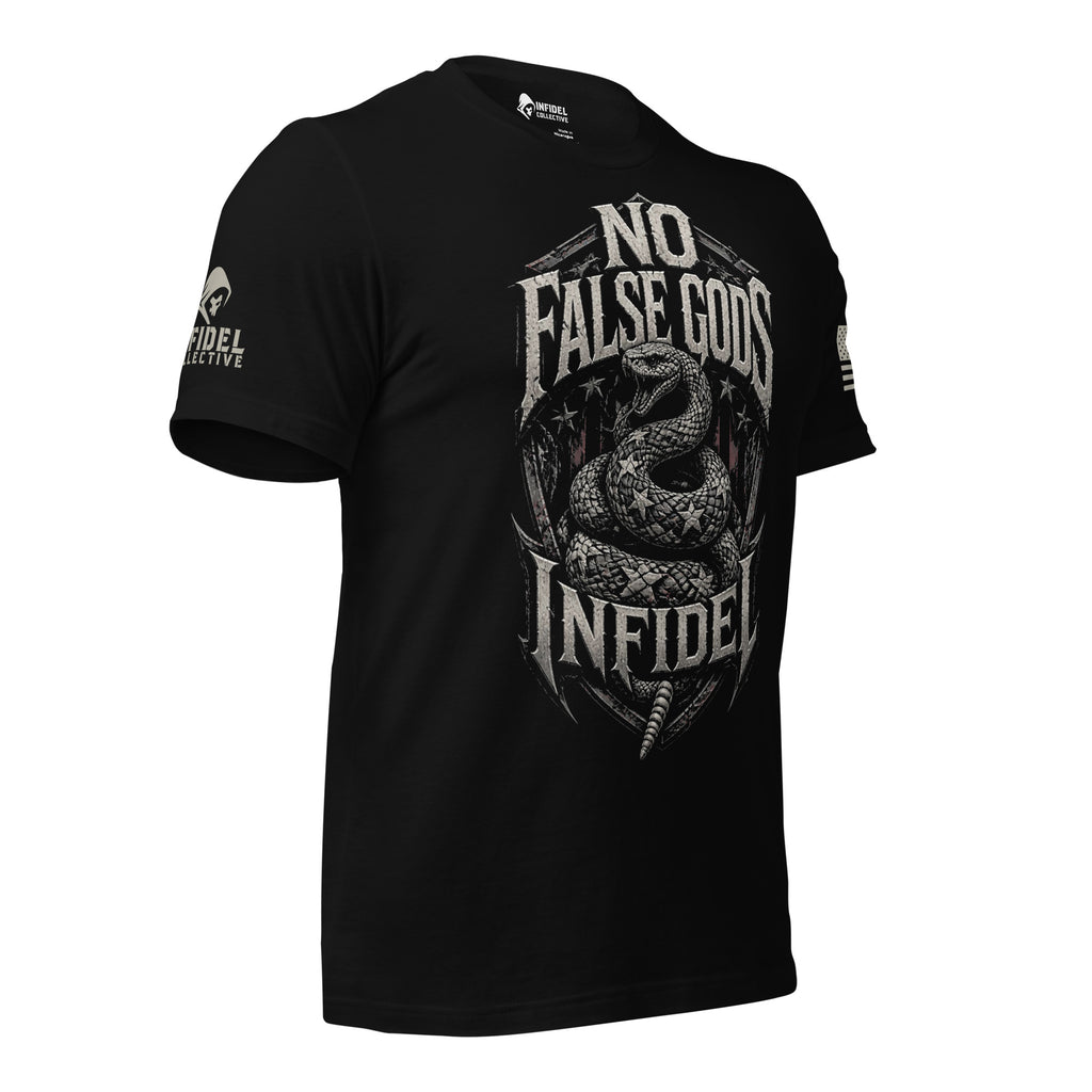 A black short-sleeve t-shirt with a large distressed graphic on the front featuring a coiled snake and the text 'NO FALSE GODS INFIDEL'. The brand name 'INFIDEL COLLECCTIVE' is visible on the inner neck label and the right sleeve.