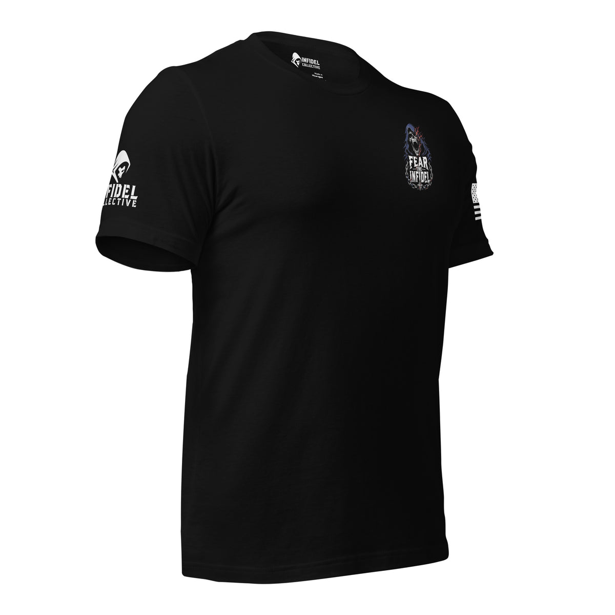 Black t-shirt with a reaper and "FEAR THE INFIDEL' TEXT integrated into the graphic at the front left chest pocket area, and sleeve patch of the brand "INFIDEL COLLECTIVE" on one sleeve and the USA flag on the other, on a white background
