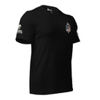 Right-front view of black Fear the Infidel Red Streak Reaper tee
