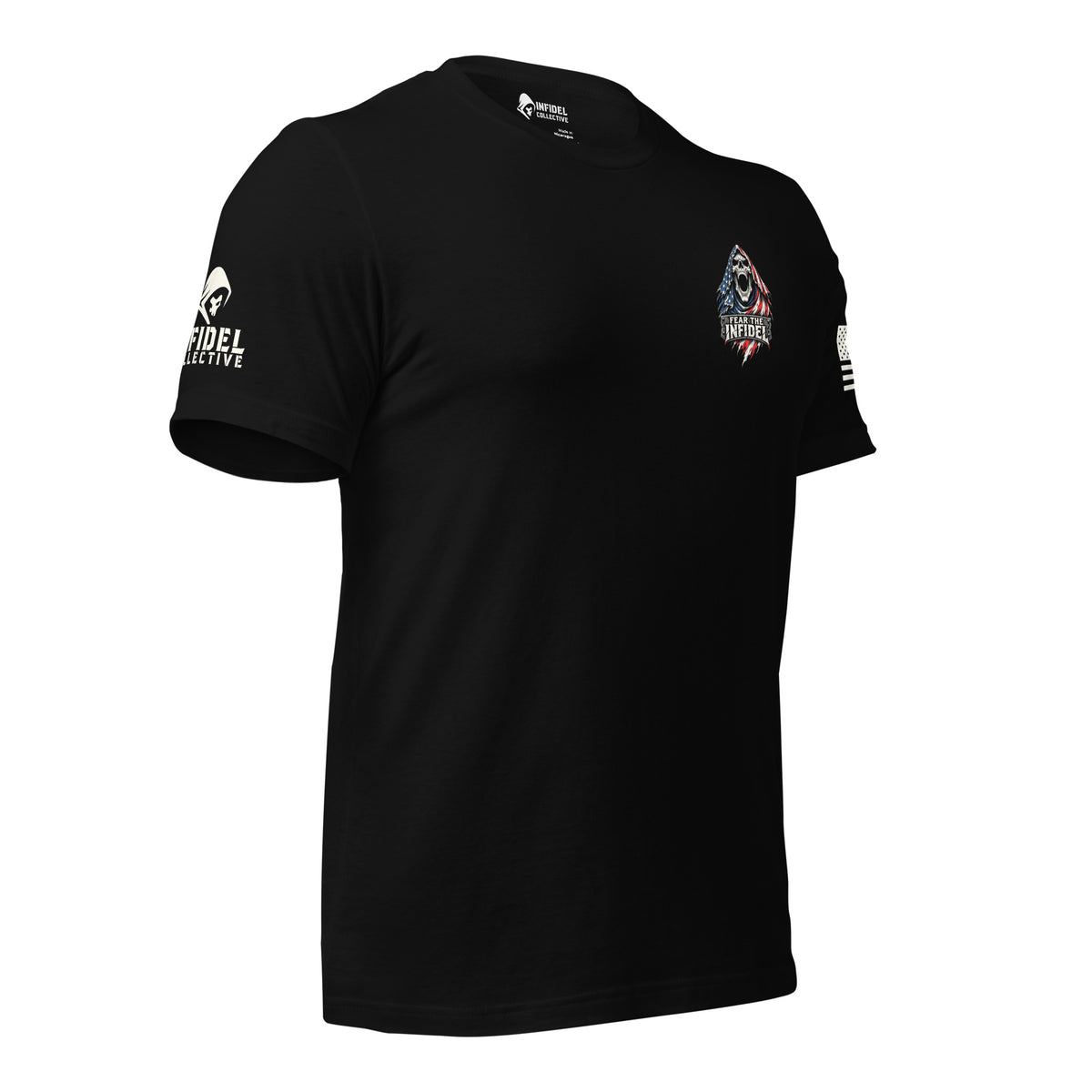 Right-front view of black Fear the Infidel Red Streak Reaper tee