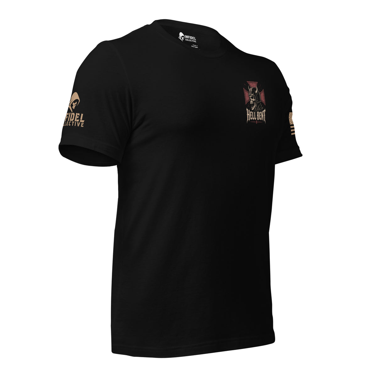 Front-right view of Black Hell Bent Biker Skull Back Print tee.