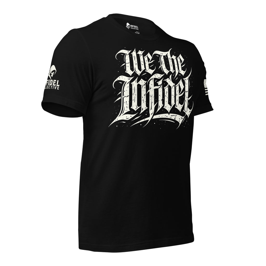 Front-right view of Black We the Infidel Declaration Script tee.