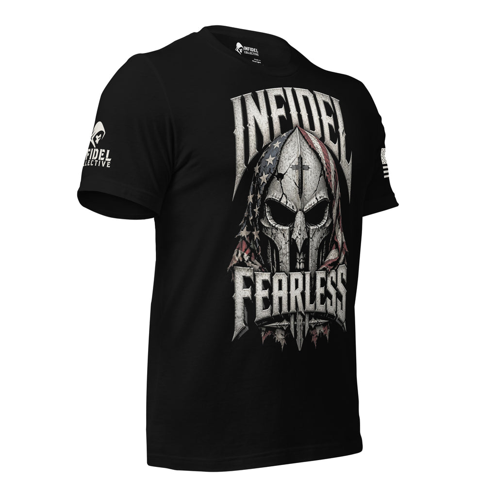 Front-right view of Black Infidel Fearless Crusader tee.