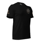 Front-right view of Black Answer to the Road Iron Cross Back Print tee.
