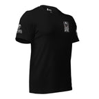 Front-right view of Black American Infidel Flag Eagle Back Print tee.