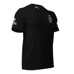 Front-right view of Black Born Infidel Scythe Reaper Back Print tee.