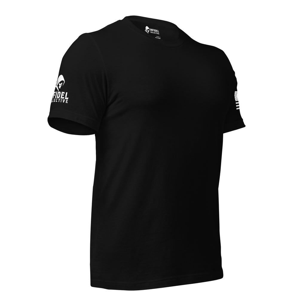 Right-front view of black Tee With Arm Hits showing American flag sleeve graphic
