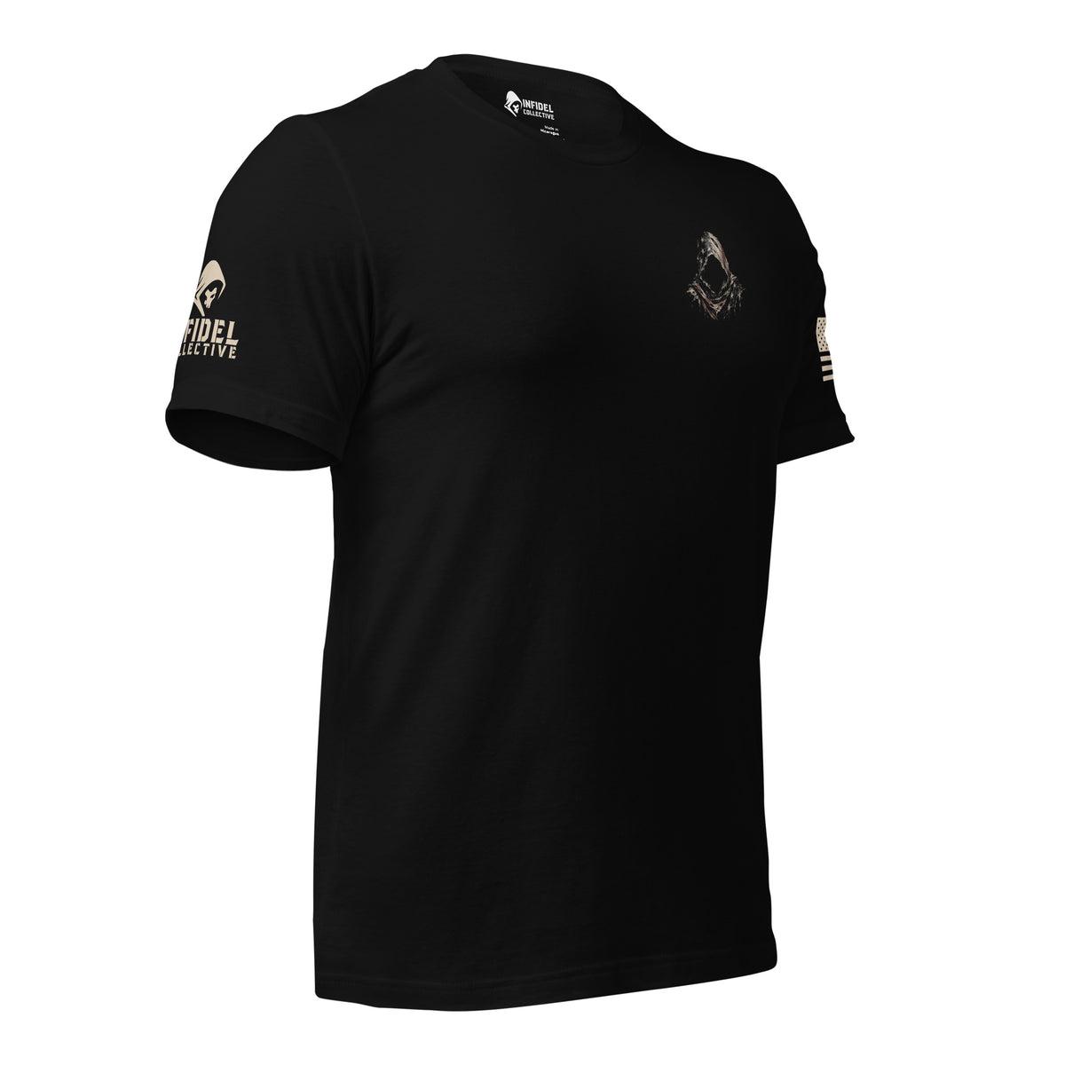 Front-right view of Black Infidel Not for All American Reaper Back Print tee.