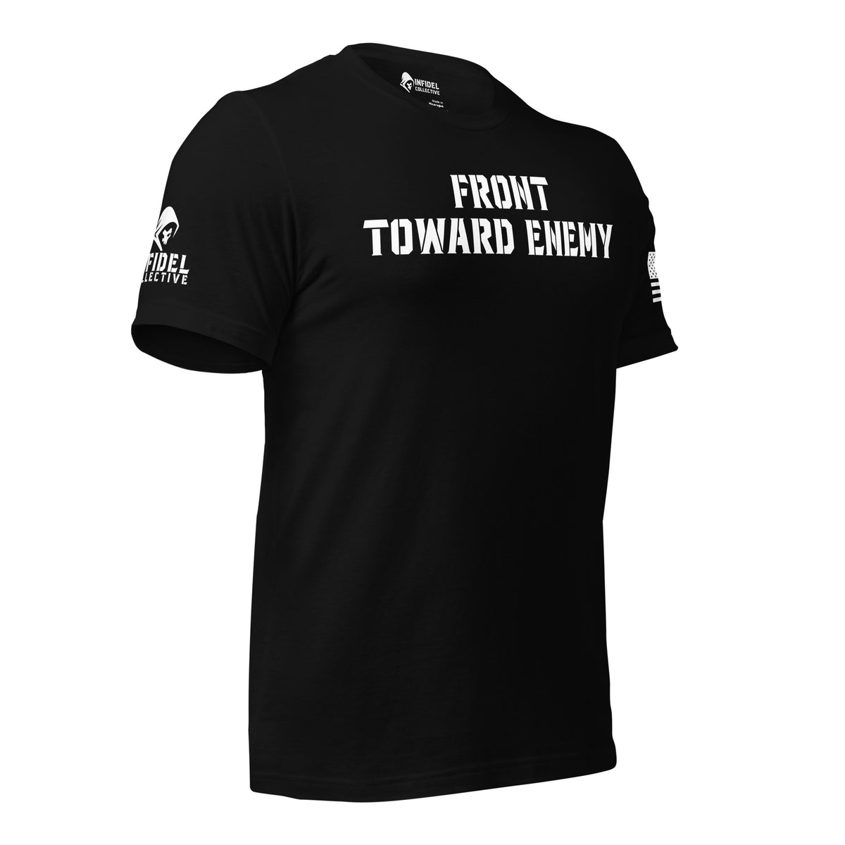 Front-right view of black Front Toward Enemy Claymore tee with FRONT TOWARD ENEMY chest print.