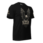 A front left view of black short-sleeve graphic t-shirt featuring a large distressed eagle design with the word 'INFIDEL' on the chest and a brand logo INFIDEL COLLECTIVE on the right sleeve, displayed against a white background.