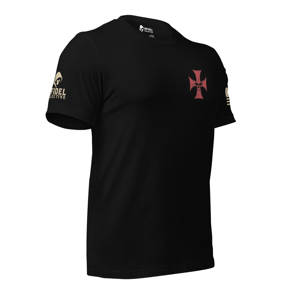Deus Vult American Infidel black Modern Fit tee, right-side view with Infidel Collective sleeve mark