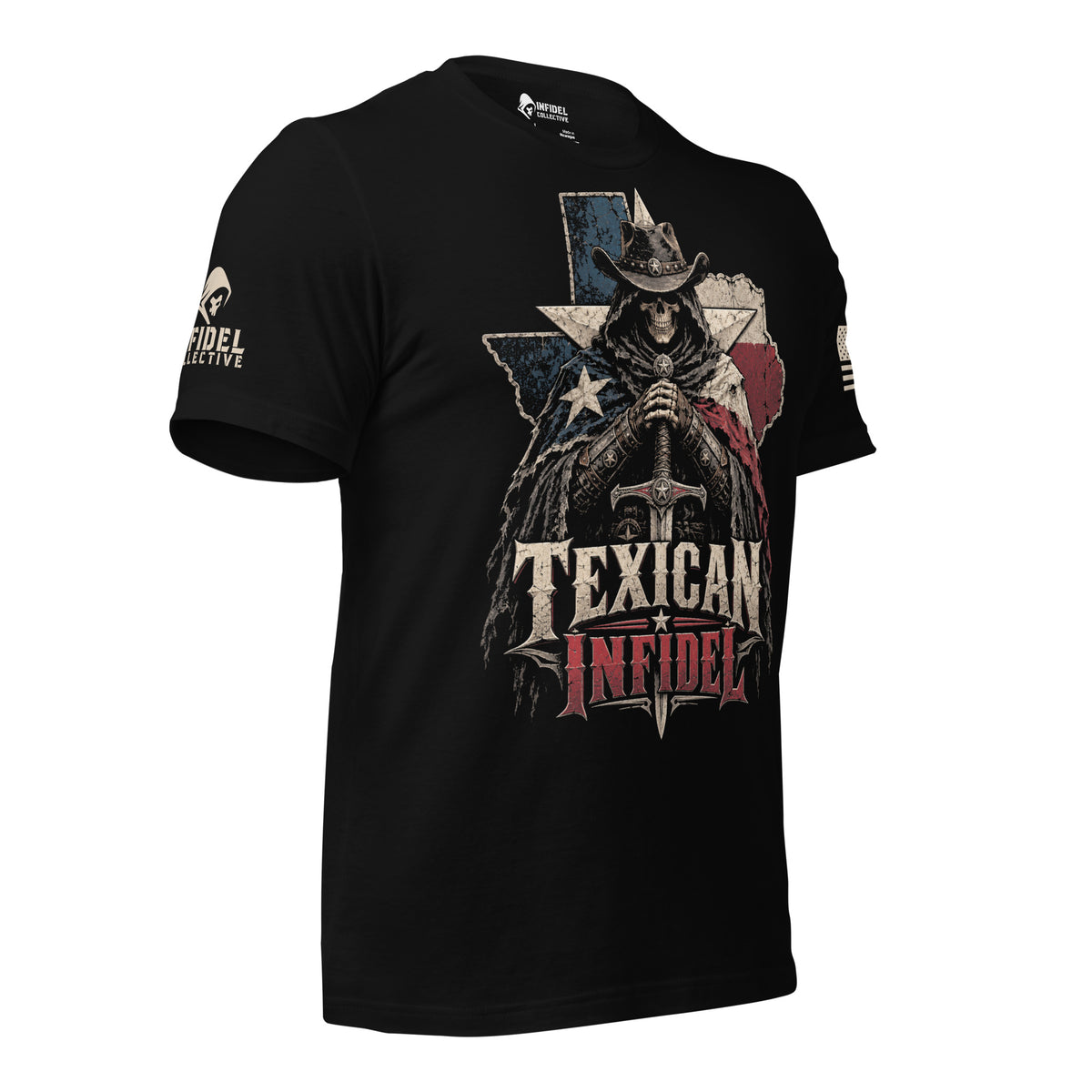Texican Infidel tee mockup, angle 3