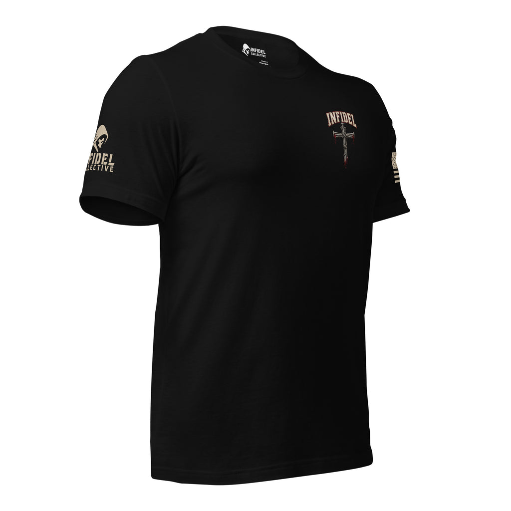 Right angled front view of black Crimson Cross of Nails tee