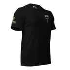 Right angled front view of black Crimson Cross of Nails tee