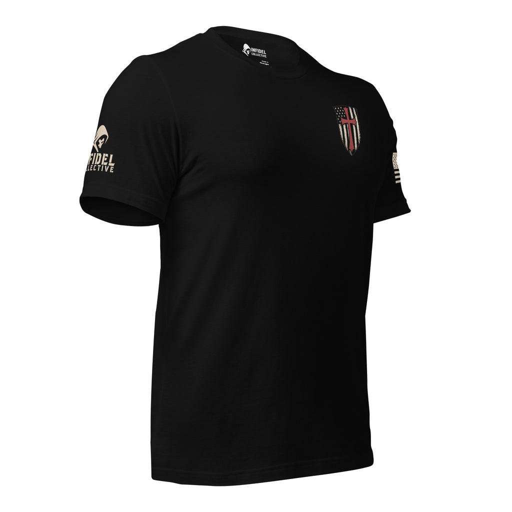 Patriot American Cross Shield Back Print Tee, black tee, right-side view