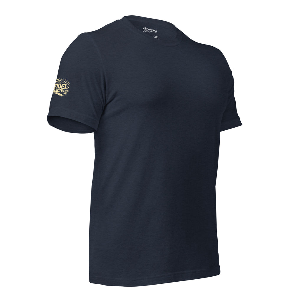 Second Amendment eagle and crossed rifles graphic heather navy back print tee from Infidel Collective