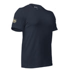 Second Amendment eagle and crossed rifles graphic heather navy back print tee from Infidel Collective