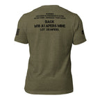 Back view of military green tee with Claymore warning, “BACK,” and “M18 A1 APERS MINE” text
