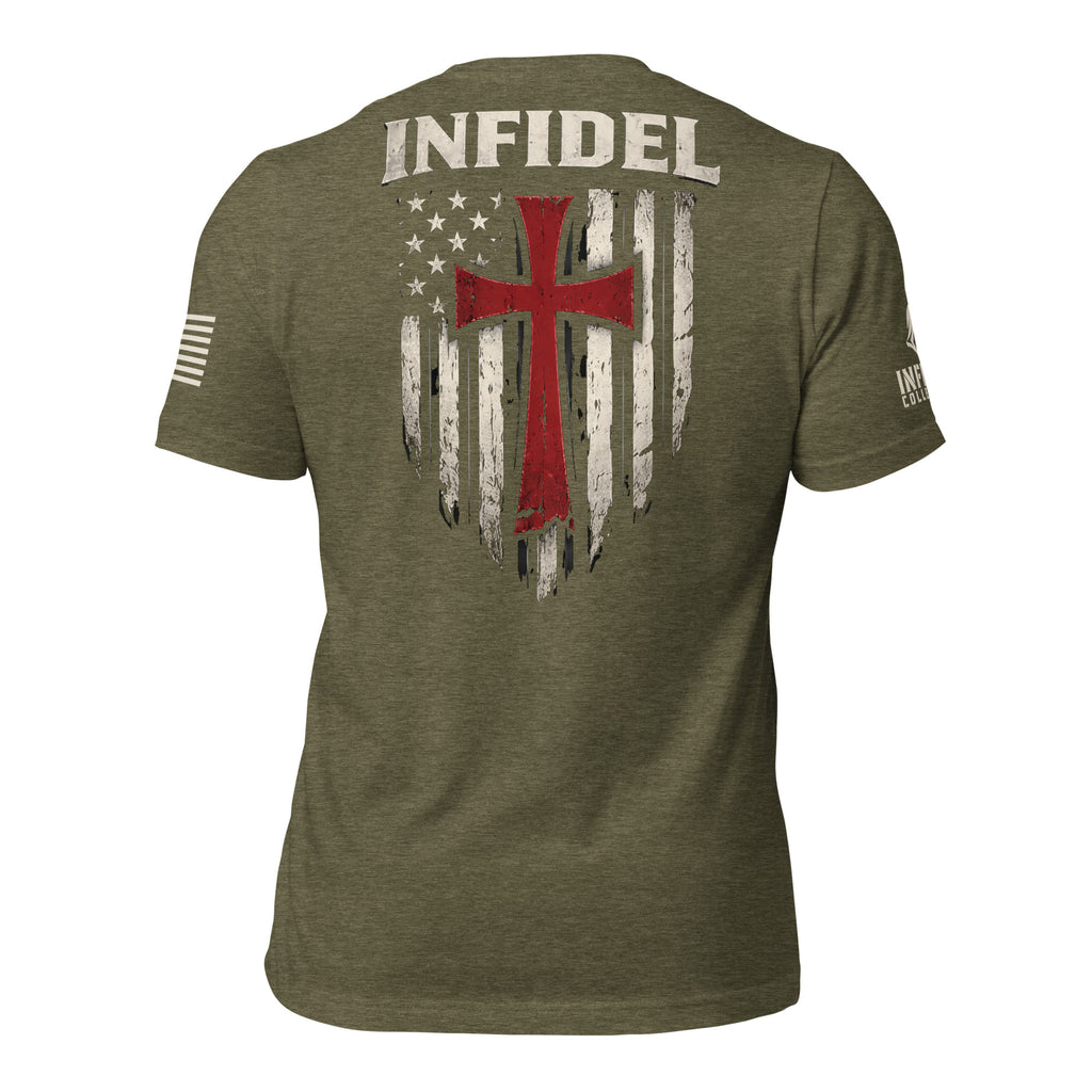 Back view of military green Crimson Cross Infidel Flag back print tee