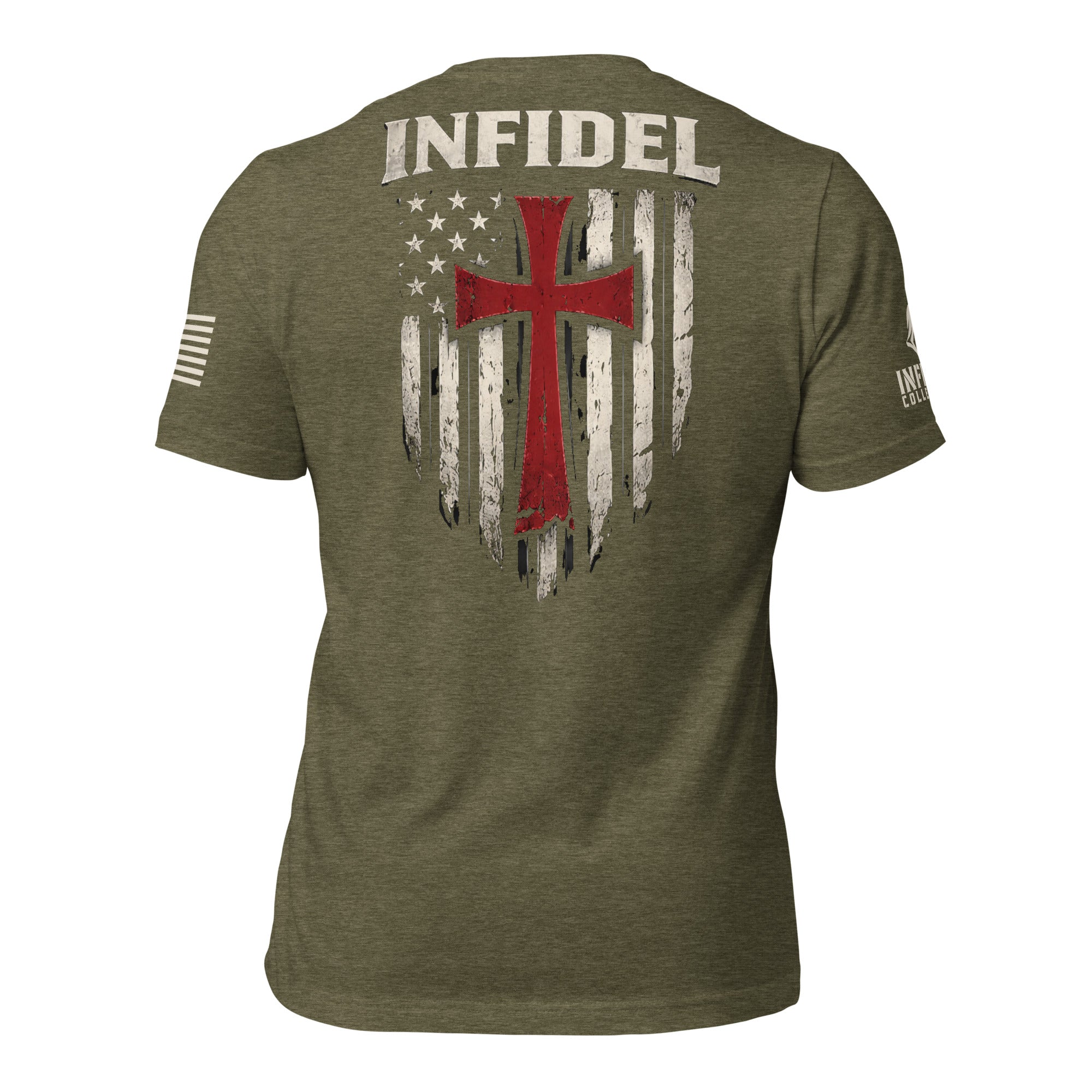 Back view of military green Crimson Cross Infidel Flag back print tee