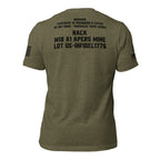 Back view of green Front Toward Enemy Claymore tee with large M18A1-inspired warning graphic.