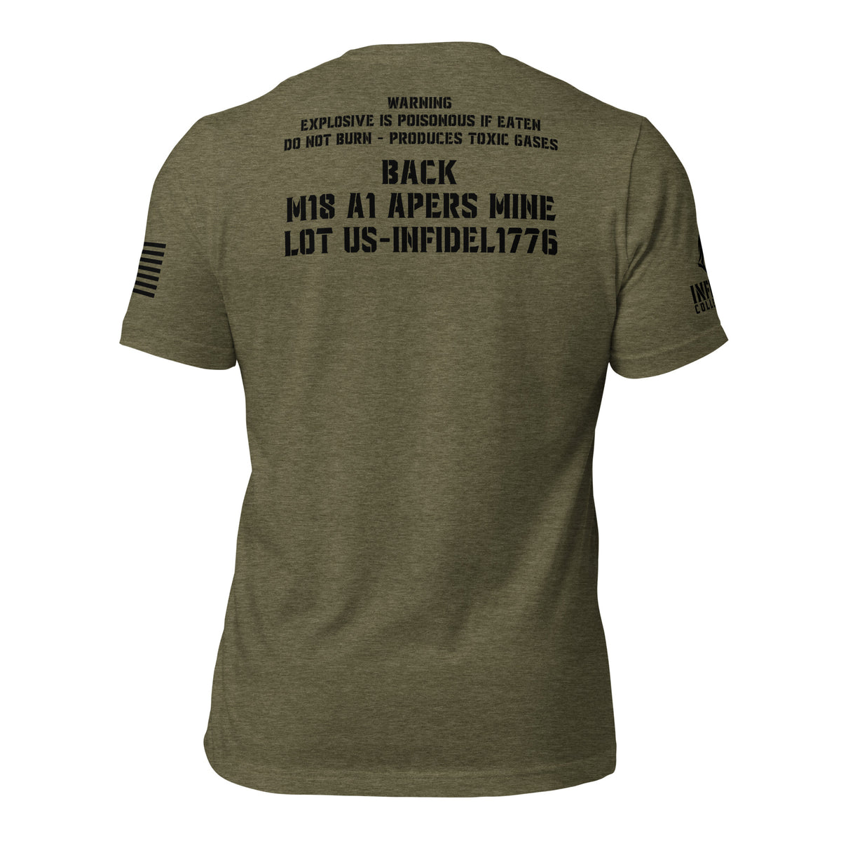 Back view of green Front Toward Enemy Claymore tee with large M18A1-inspired warning graphic.