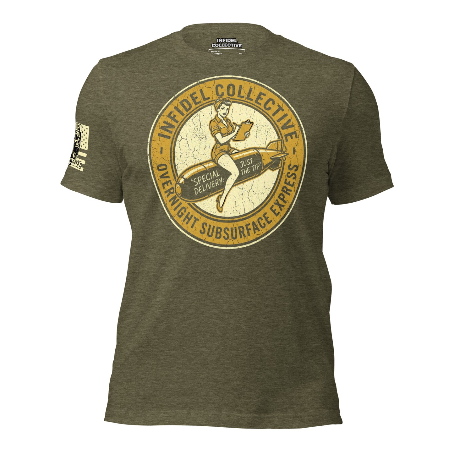 Ghosted mockup of heather military green t-shirt with bold graphic design and text "Infidel Collective" across the top and "Overnight Subsurface Express" across the bottom and image of a pinup sitting on torpedo in the center. 