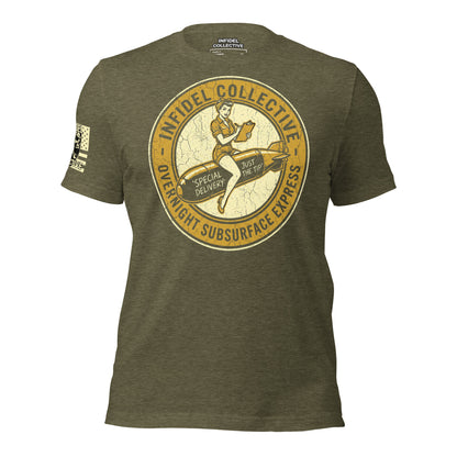 Ghosted mockup of heather military green t-shirt with bold graphic design and text "Infidel Collective" across the top and "Overnight Subsurface Express" across the bottom and image of a pinup sitting on torpedo in the center. 