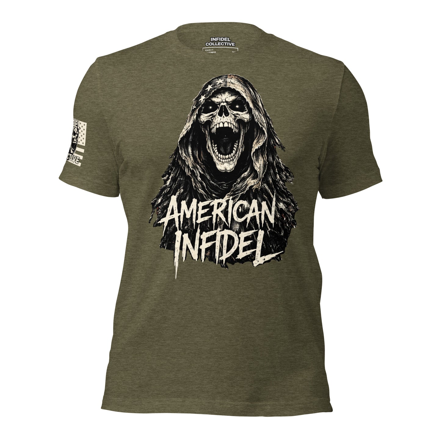 Green t-shirt with a graphic design of a screaming figure and 'American Infidel' text on a white background.