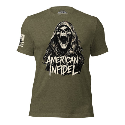 Green t-shirt with a graphic design of a screaming figure and 'American Infidel' text on a white background.