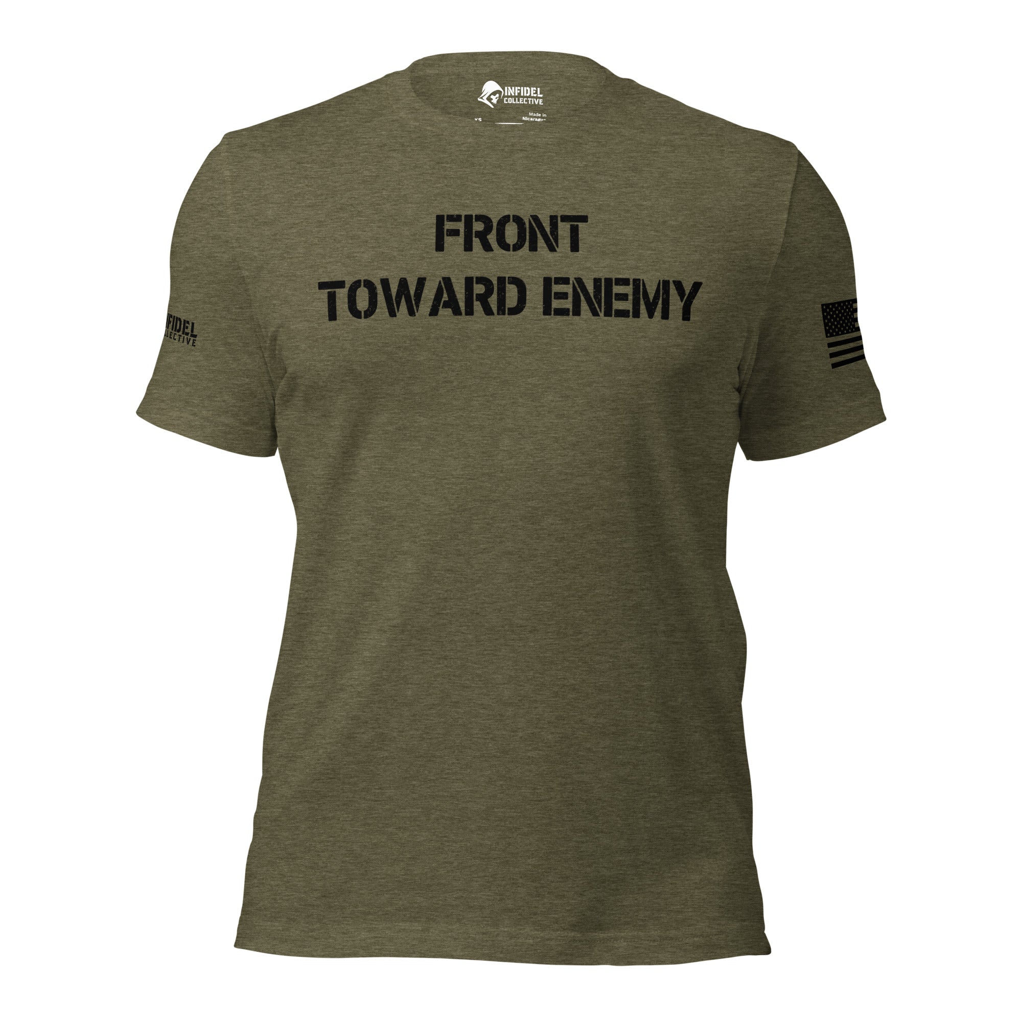 Front view of military green tee with “FRONT TOWARD ENEMY” chest print
