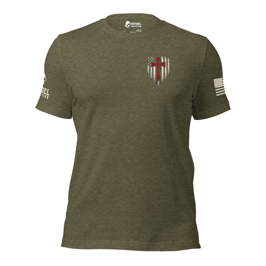 Front view of military green Crimson Cross Infidel Flag back print tee