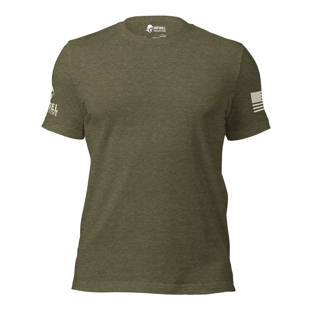 Front view of green Tee With Arm Hits with clean chest and sleeve prints