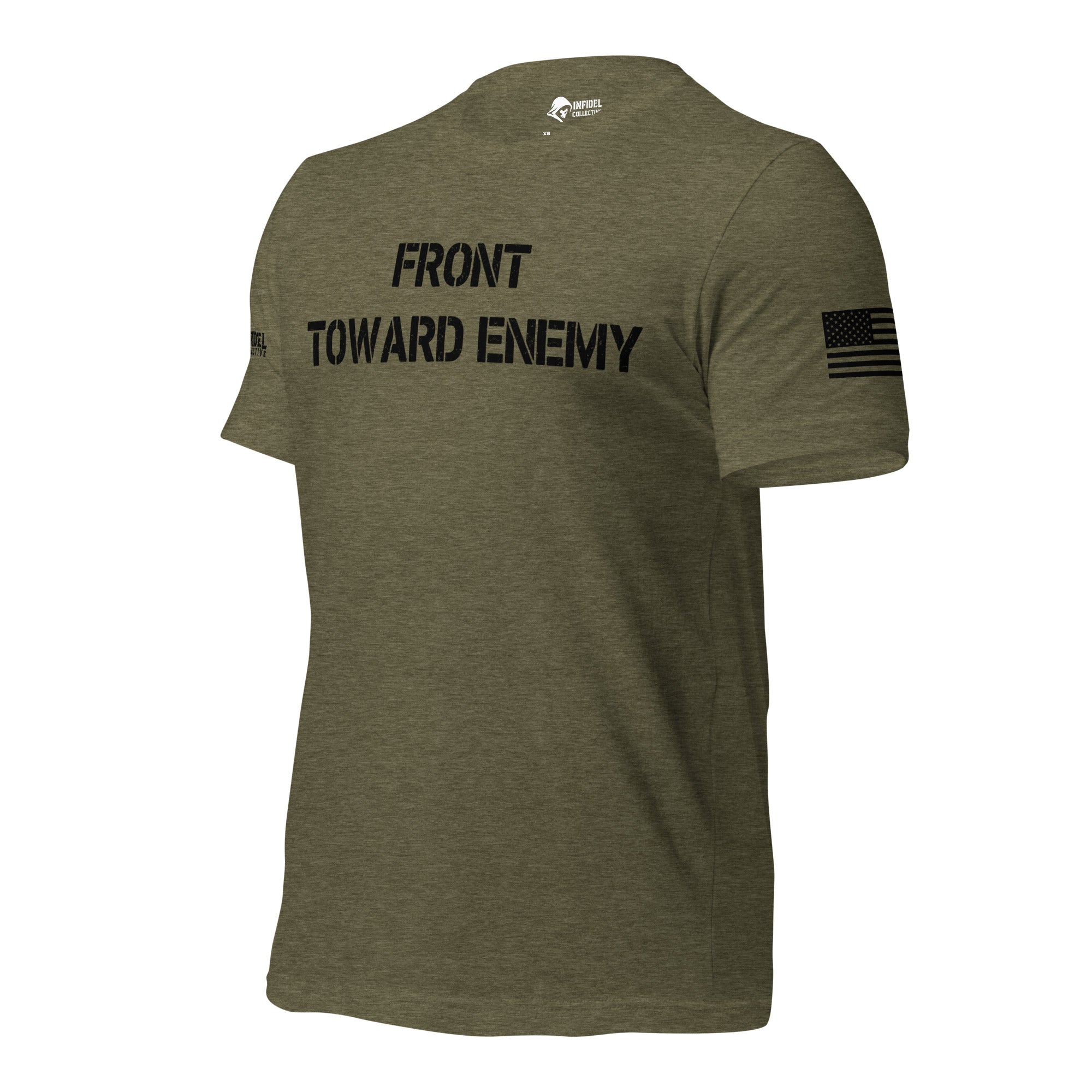 Left-front angled view of military green Front Toward Enemy tee