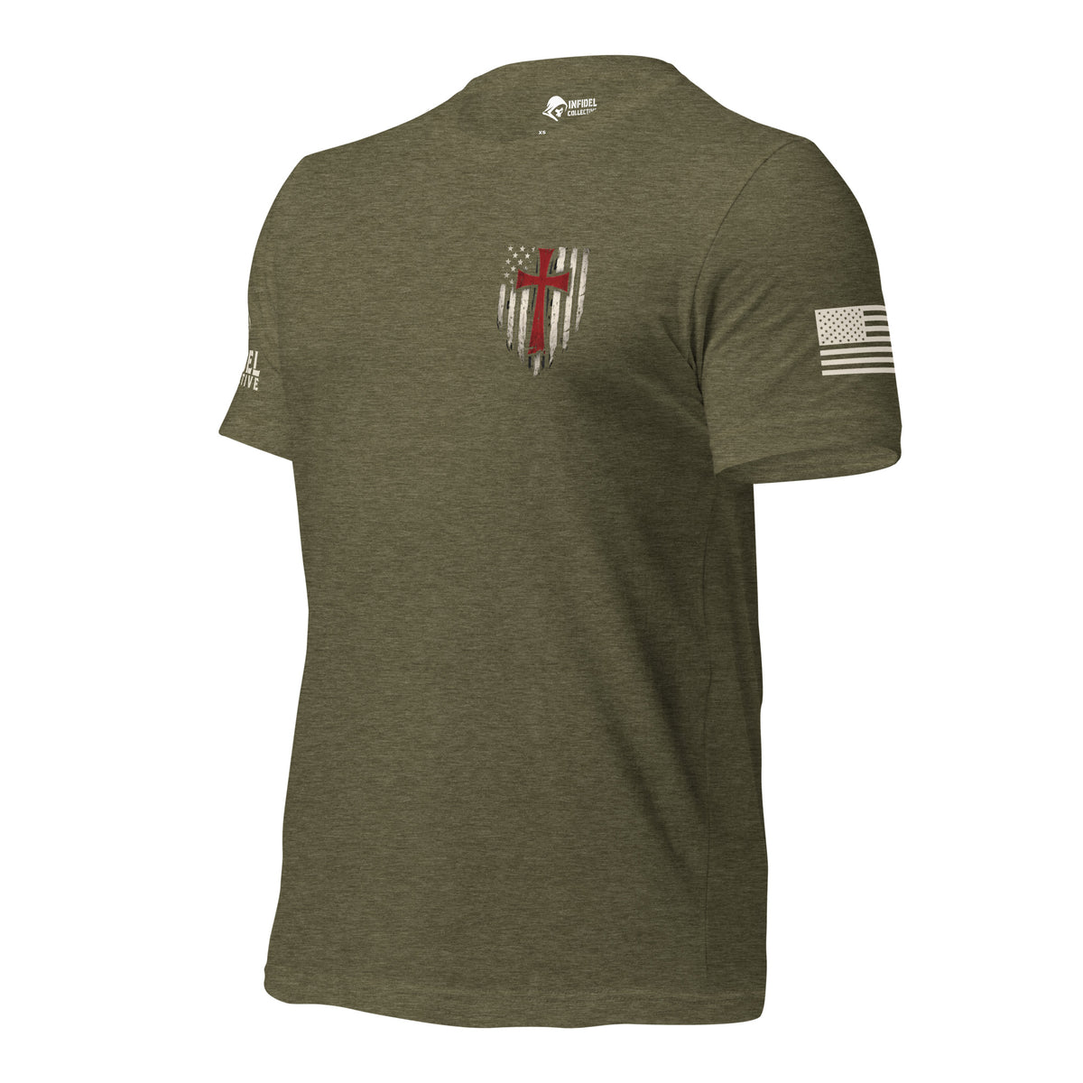 Left-front view of military green Crimson Cross Infidel Flag back print tee