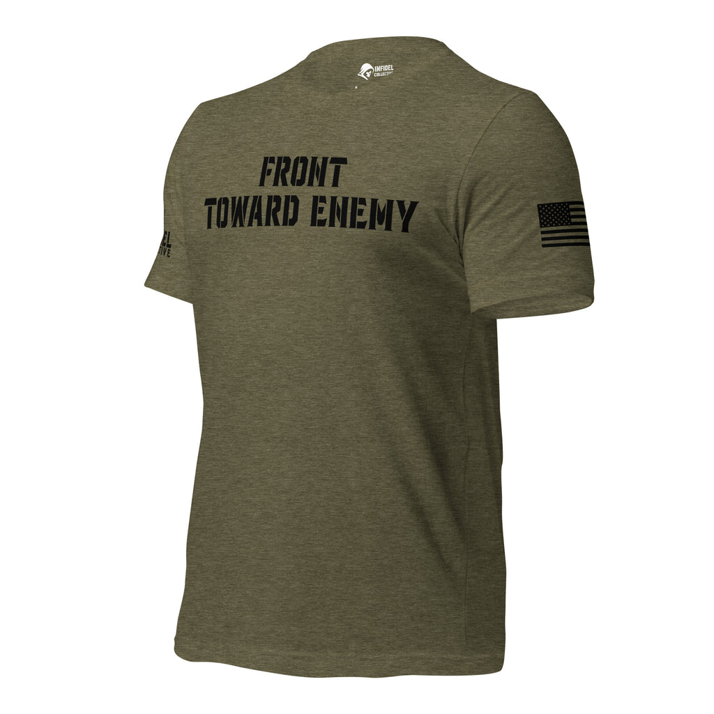 Front-left view of green Front Toward Enemy Claymore tee with FRONT TOWARD ENEMY chest print.