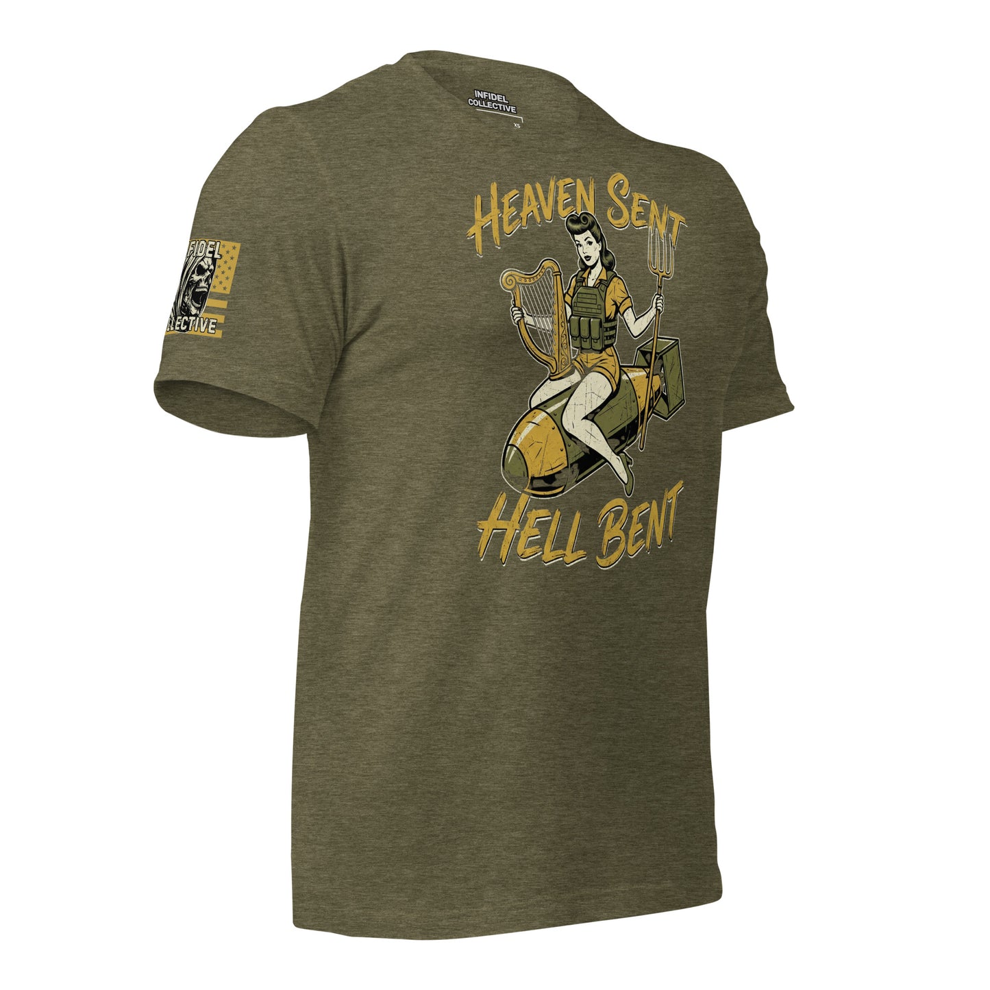 Green t-shirt with Pinup graphic design and text "Heaven Sent Hell Bent" on a white background, side view.