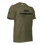 Right-front angled view of military green Front Toward Enemy tee