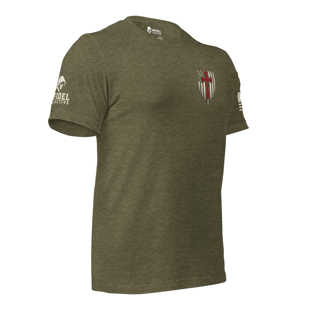 Right-front view of military green Crimson Cross Infidel Flag back print tee