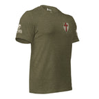 Right-front view of military green Crimson Cross Infidel Flag back print tee