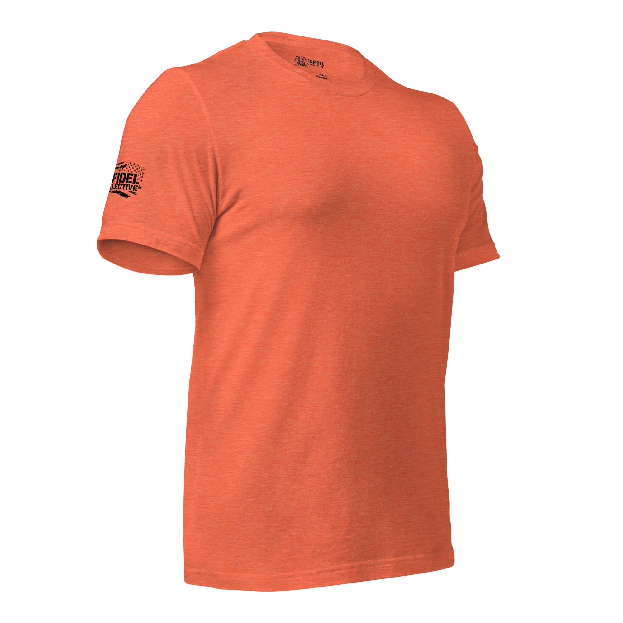 Answer to the Road skull helmet back print orange tee from Infidel Collective