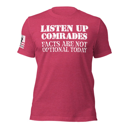 Patriotic Brandon series on red heather blend tee with text "Listen Up Comrades - Facts are not Optional Today" across the front in white font.