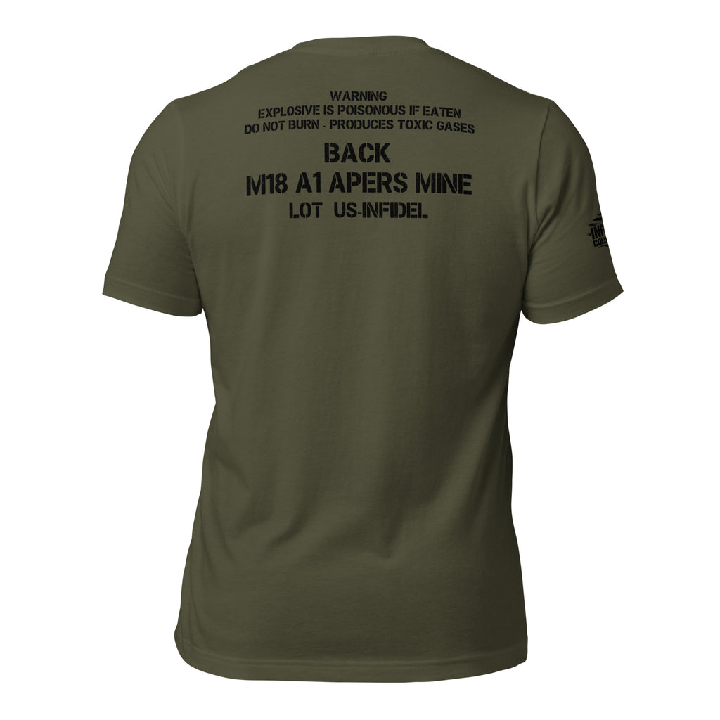 Back view of olive tee featuring Front Toward Enemy claymore mine warning text on front and back design